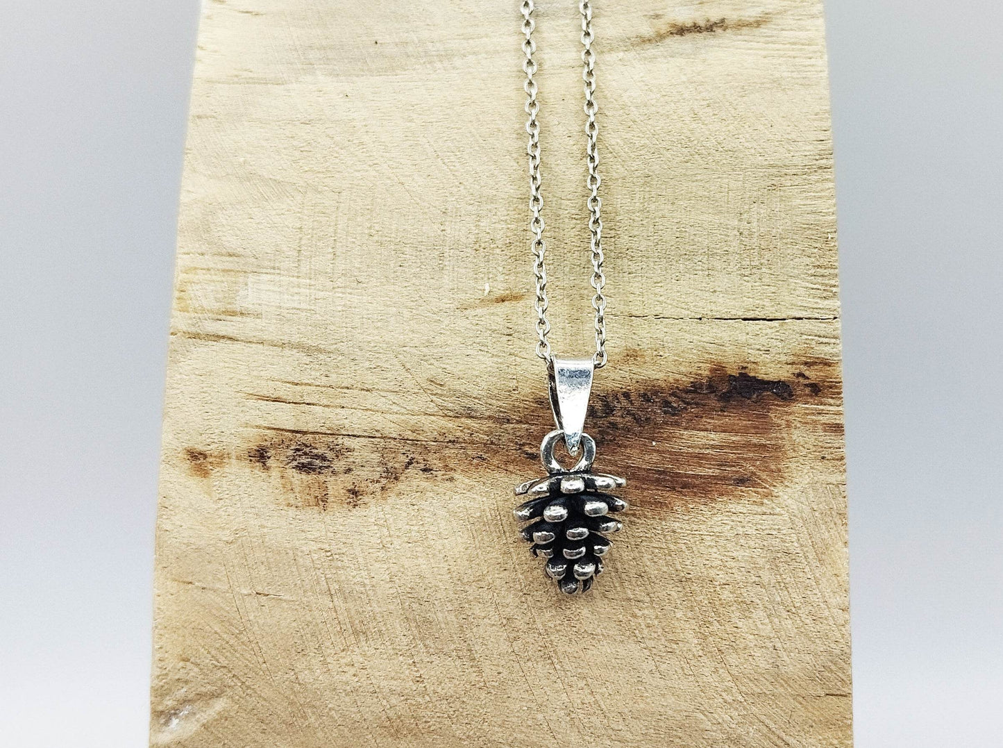 Ασημένιο κολιέ με ασημένιο μενταγιόν σε σχήμα κουκουναριού.