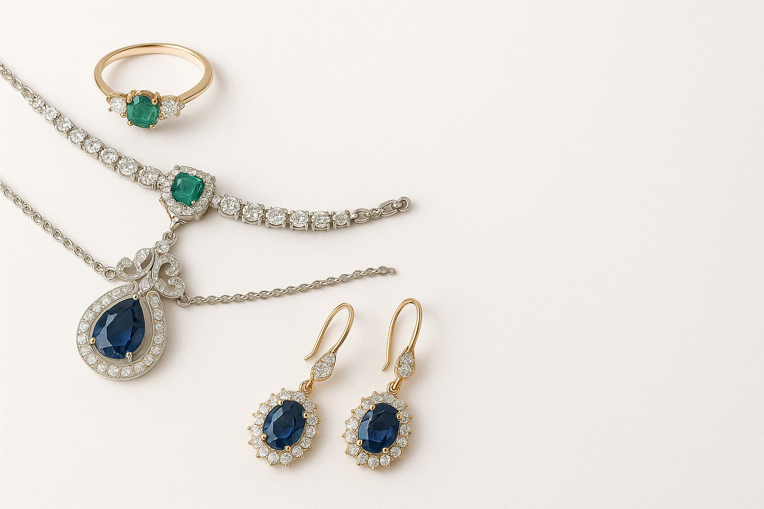 Jewelry set with sapphire earrings and pendant on a white background